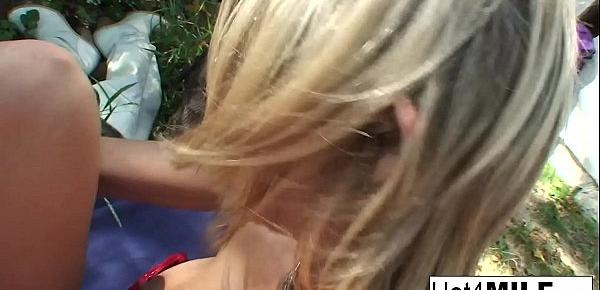  Hot blonde MILF has an intense threesome at the park!